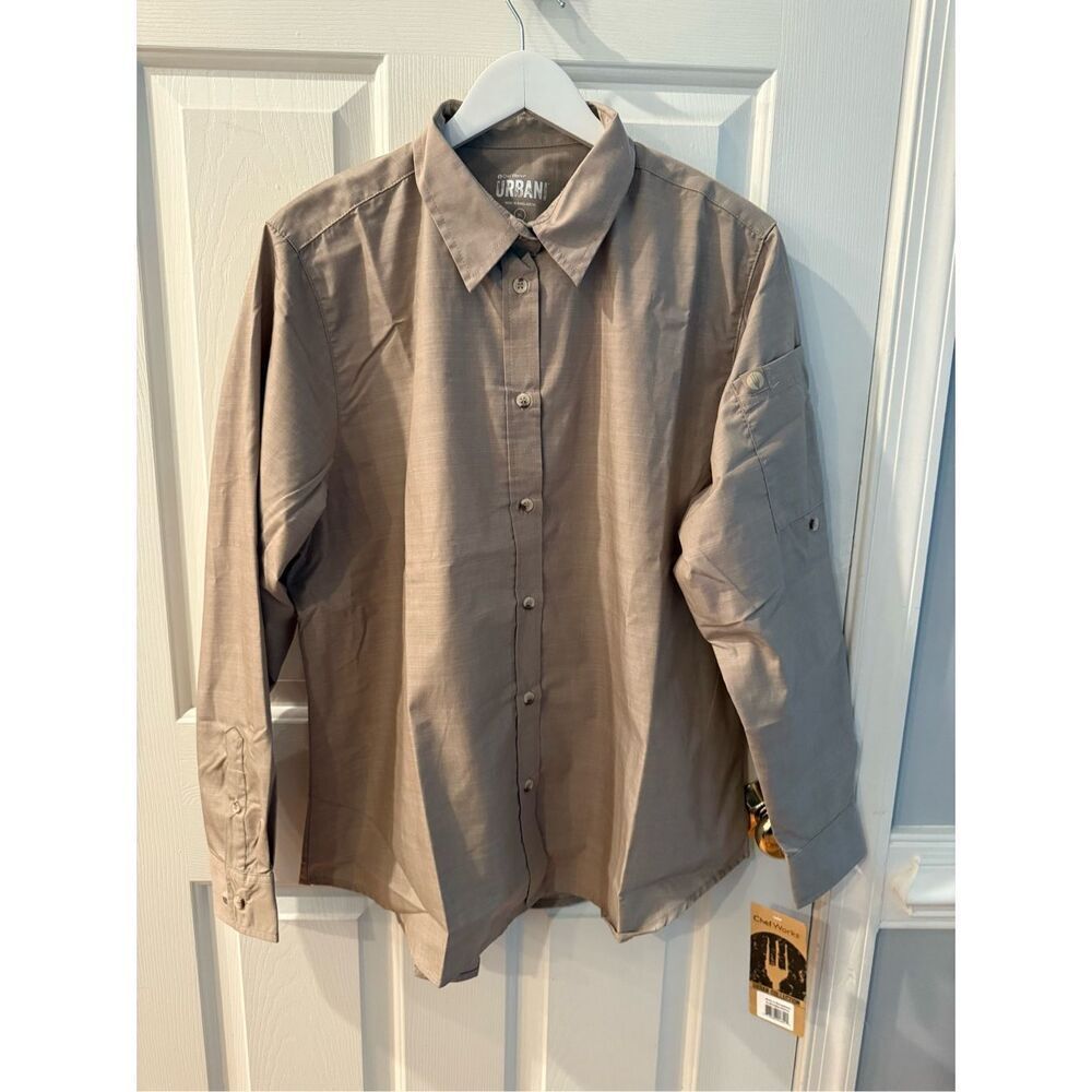 Chef Works Khaki Long Roll Tab Sleeve Shoulder Pocket Button Down Shirt sz XL NW